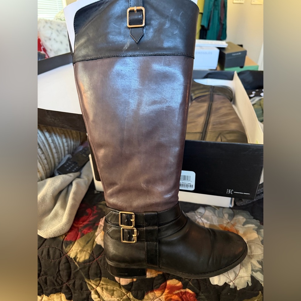 INC Black and Brown Knee-High Boots with Buckles